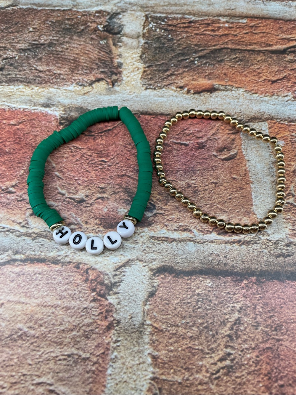 Custom Green Name Beaded Bracelet Set with Gold Accent